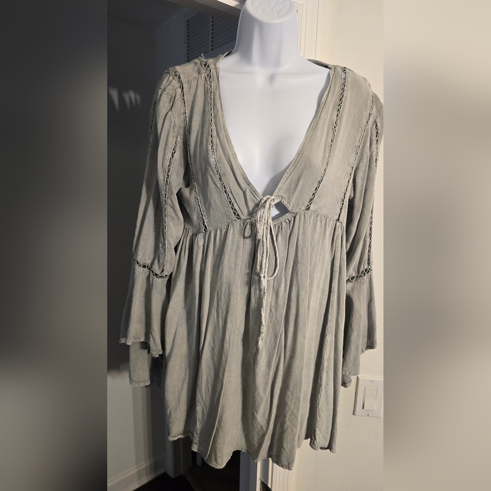PrettyLittleThing Tunic Top Washed Gray Tie Front Frill Sleeve Beach Size 6 - Picture 10 of 10
